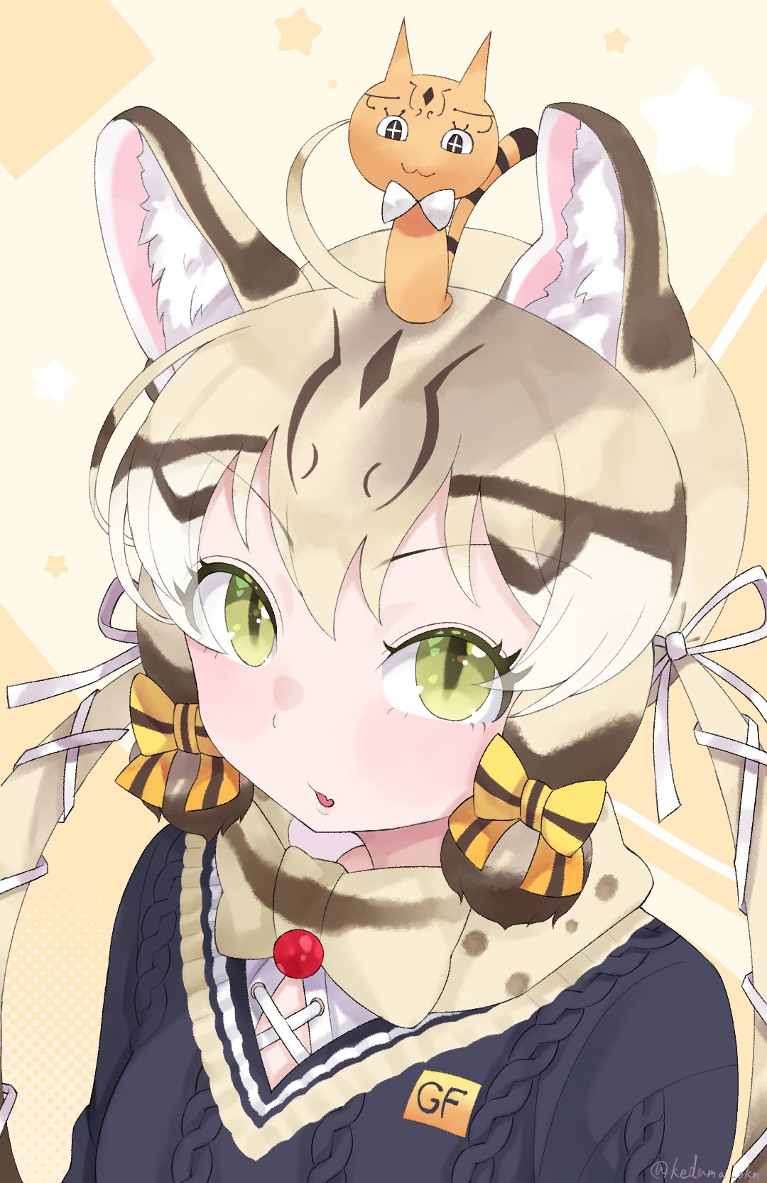 1girl animal_costume animal_ear_fluff animal_ears bow bowtie cat cat_ears cat_girl extra_ears geoffroy's_cat_(kemono_friends) green_eyes grey_hair highres kedama_(ughugjydthjdf) kemono_friends kemono_friends_v_project long_hair looking_at_viewer microphone multicolored_hair open_mouth ribbon shirt simple_background sweater twintails virtual_youtuber