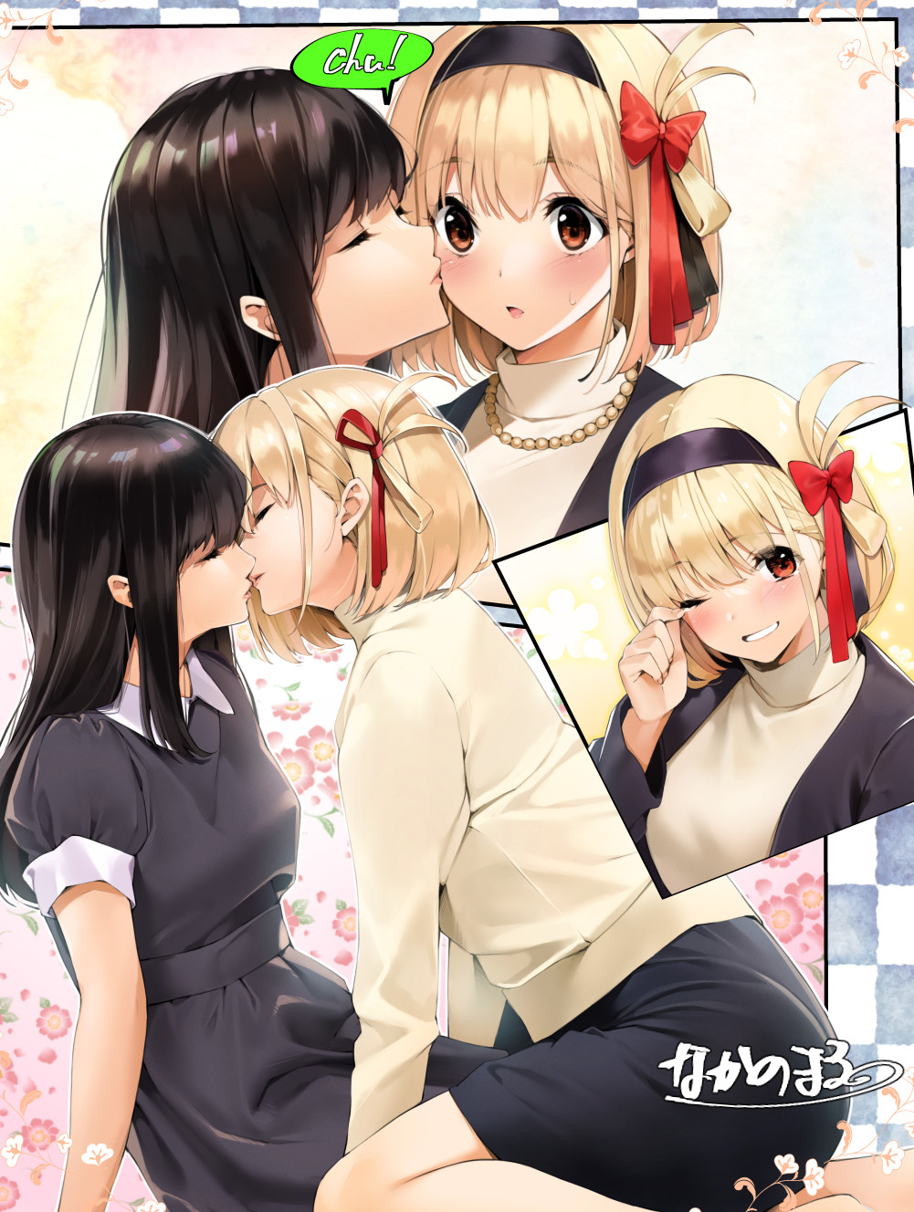 ! 2girls arm_support bangs bead_necklace beads black_dress black_hair black_hairband black_jacket black_skirt blonde_hair blush breasts closed_eyes dress english_text from_side grin hair_ribbon hairband highres imminent_kiss inoue_takina jacket jewelry kiss kissing_cheek leaning_back leaning_forward lips long_hair long_sleeves looking_at_viewer lycoris_recoil medium_breasts multiple_girls multiple_views nakano_maru necklace nishikigi_chisato one_eye_closed one_side_up profile red_eyes red_ribbon ribbon shirt short_hair short_sleeves sidelocks sitting sitting_on_person skirt smile speech_bubble sweatdrop tears thighs turtleneck wide-eyed wiping_tears yellow_shirt yuri