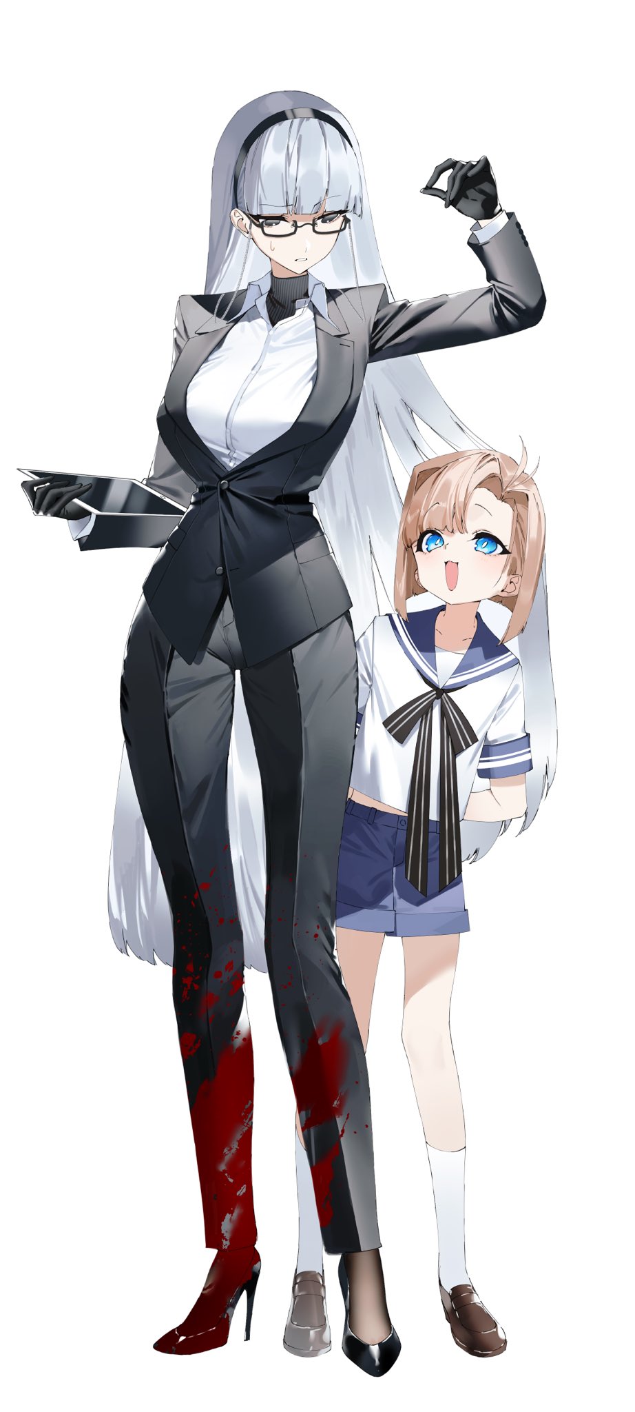 2girls :d age_difference blonde_hair blood blue_eyes blue_hair formal full_body glasses gloves hairband height_difference high_heels highres ichibi long_hair looking_down looking_up multiple_girls original pale_skin short_hair smile standing suit white_background
