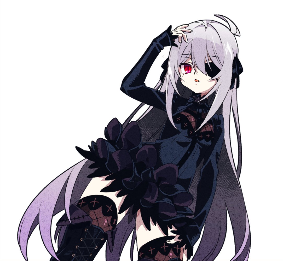1girl ahoge black_dress black_ribbon boots cowboy_shot cross-laced_footwear dress eyepatch fishnet_thighhighs fishnets gothic grey_hair hair_between_eyes hair_ribbon long_hair looking_at_viewer mearylis_(yamanasi_mikage) original pale_skin parted_lips red_eyes ribbon simple_background sleeves_past_wrists solo thigh-highs thigh_boots thighhighs_under_boots very_long_hair white_background yamanasi_mikage zettai_ryouiki