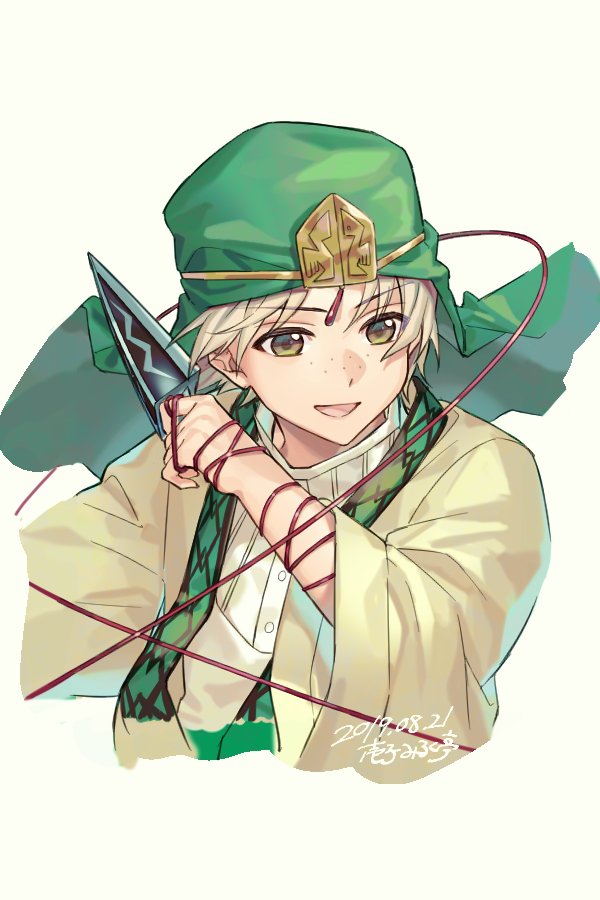 1boy artist_name bangs blonde_hair brown_eyes dagger dated freckles green_headwear holding holding_dagger holding_weapon ichiko_milk_tei ja'far_(magi) keffiyeh knife magi_the_labyrinth_of_magic male_focus open_mouth parted_bangs portrait robe shirt simple_background smile solo string string_of_fate upper_body weapon white_shirt wide_sleeves yellow_robe