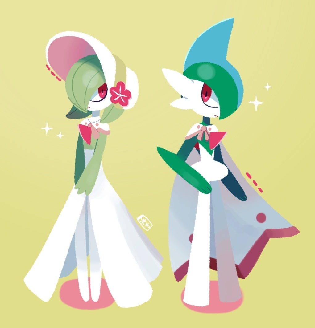 bangs bonnet cape capelet chirosamu closed_mouth commentary_request full_body gallade gardevoir green_hair pokemon pokemon_(game) pokemon_unite red_eyes smile sparkle standing white_headwear yellow_background