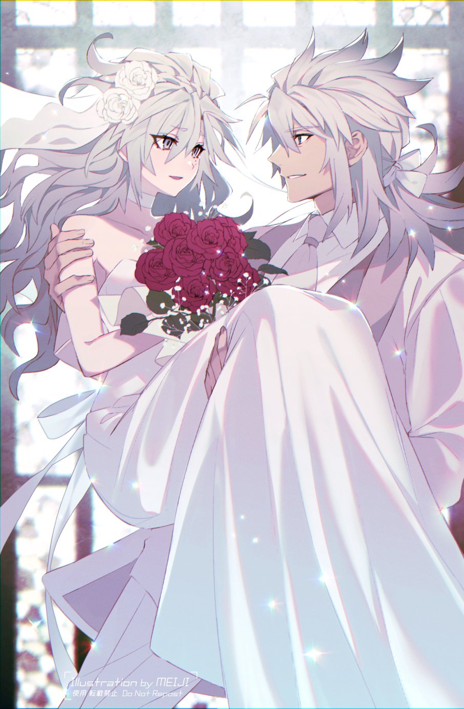 1boy 1girl alternate_costume alternate_hairstyle artist_name bangs bare_shoulders bouquet bridal_veil carrying carrying_person choker collarbone collared_shirt commentary_request couple dress fate/grand_order fate_(series) flower formal grey_hair grin hair_between_eyes hair_flower hair_ornament hetero highres holding holding_bouquet husband_and_wife kriemhild_(fate) long_hair looking_at_another meiji_ken necktie pants princess_carry profile red_flower red_rose rose shirt short_ponytail siegfried_(fate) sleeveless sleeveless_dress smile strapless strapless_dress suit veil wedding_dress white_choker white_dress white_flower white_necktie white_pants white_rose white_shirt white_suit