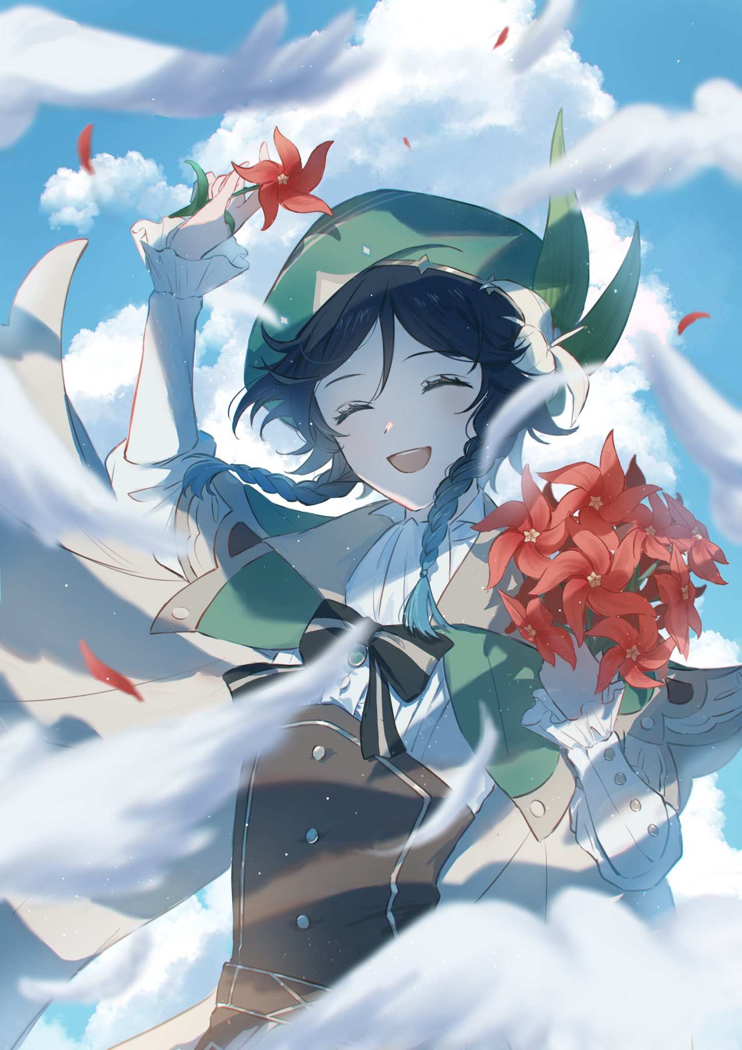 1boy androgynous ascot beret black_hair blue_hair blue_sky blurry blurry_foreground bouquet bow braid closed_eyes clouds cloudy_sky corset flock flower frilled_sleeves frills genshin_impact gradient_hair green_headwear hair_between_eyes hair_flower hair_ornament hand_up hat highres holding holding_bouquet holding_flower juliet_sleeves long_sleeves male_focus mskmmti multicolored_hair open_mouth outdoors puffy_sleeves red_flower shirt short_hair_with_long_locks sky smile solo striped striped_bow twin_braids upper_body venti_(genshin_impact) white_ascot white_shirt