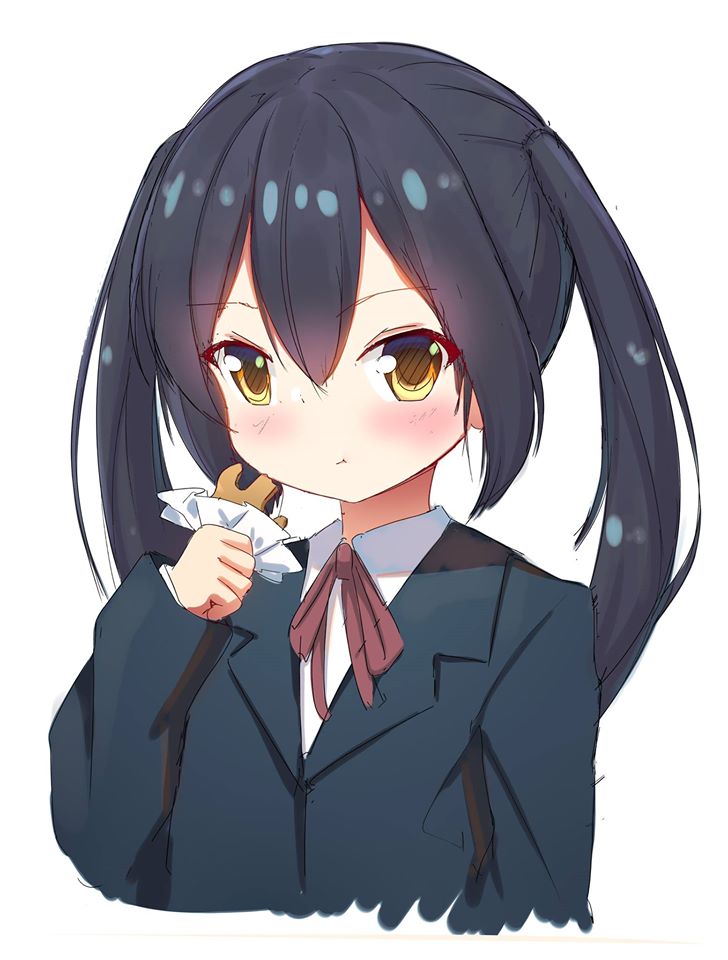 1girl black_hair closed_mouth food k-on! looking_at_viewer nakano_azusa non-web_source school_uniform solo thesdros yellow_eyes