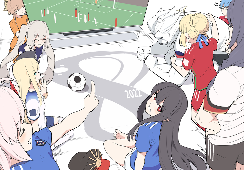 2022 2022_fifa_world_cup 2boys 6+girls :d artoria_pendragon_(fate) ball bangs black_hair black_headwear black_shorts blonde_hair blue_shirt braid breasts brown_hair clenched_teeth colored_skin fate/grand_order fate_(series) furry furry_male glasses grin lion_boy long_hair multiple_boys multiple_girls muscular muscular_male open_mouth orange_shirt pointing red_eyes reines_el-melloi_archisorte saber shirt shiseki_hirame short_sleeves shorts small_breasts smile soccer soccer_ball teeth television twintails van_gogh_(fate) white_hair white_shirt white_skin world_cup