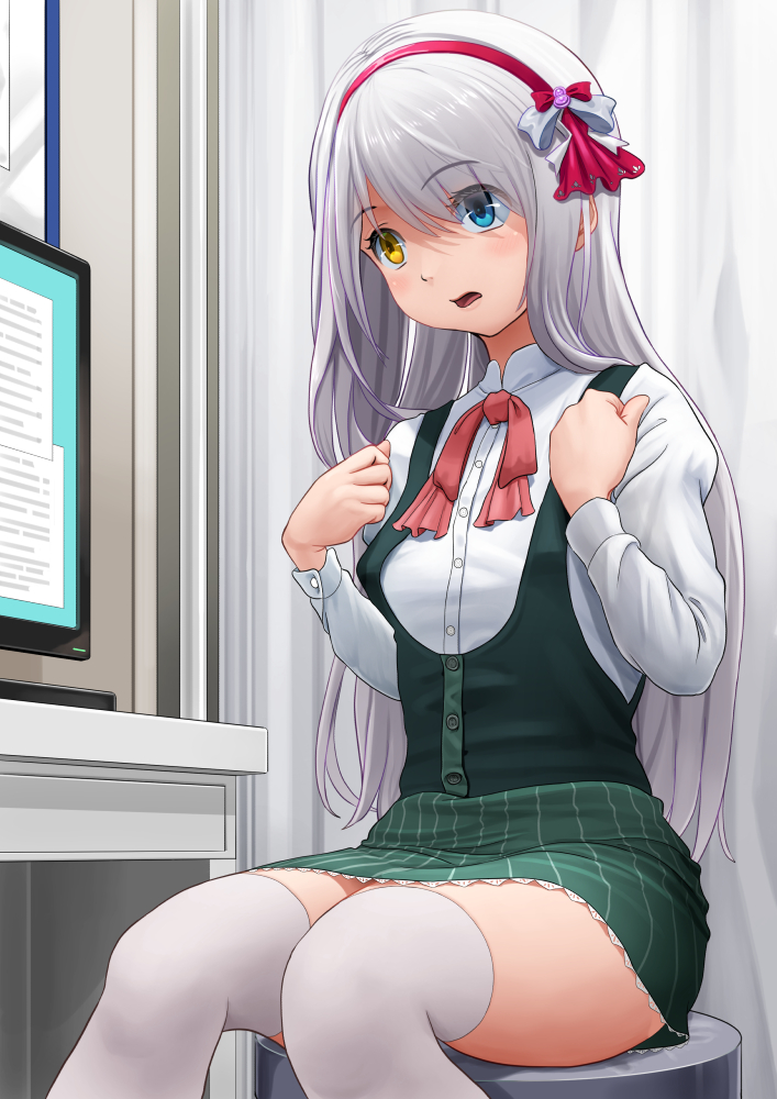 1girl amanogawa_saya blue_eyes commission green_skirt grey_hair hairband heterochromia kasu_(kasunohikari) long_hair miagete_goran_yozora_no_hoshi_wo monitor parted_lips red_hairband sitting skeb_commission skirt solo thigh-highs very_long_hair white_thighhighs yellow_eyes