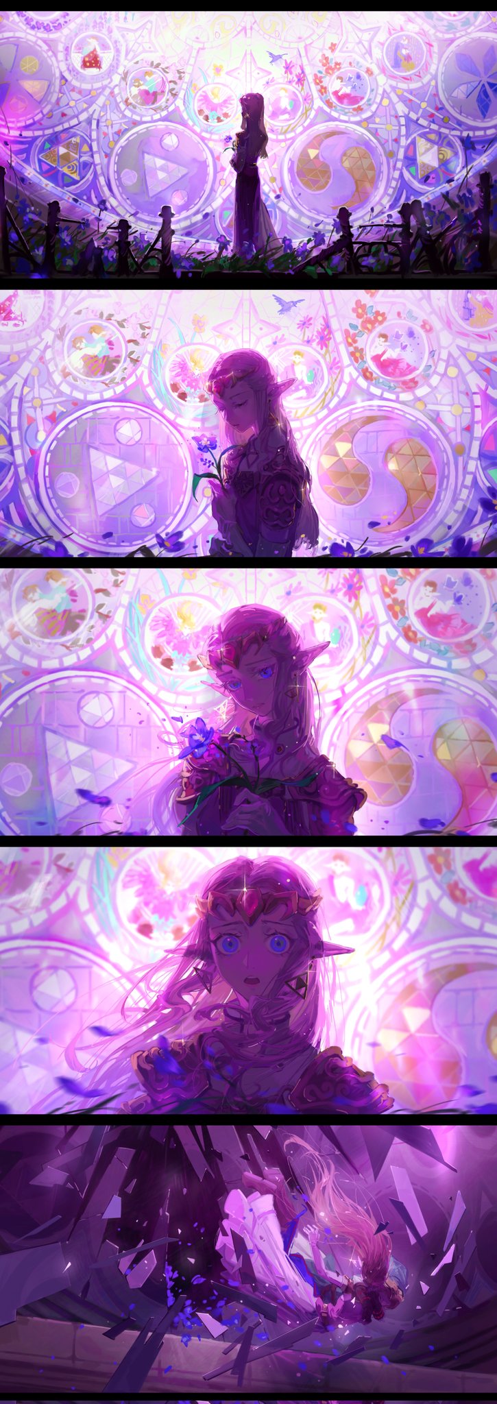 1girl armor bangs blonde_hair blue_eyes closed_eyes dress falling_petals flower full_body highres holding holding_flower long_dress long_hair looking_at_viewer looking_back multiple_views octahooves open_mouth parted_bangs petals pointy_ears princess_zelda sequential shoulder_armor sidelocks silent_princess solo sparkle the_legend_of_zelda the_legend_of_zelda:_ocarina_of_time tiara triforce_earrings upper_body wide-eyed