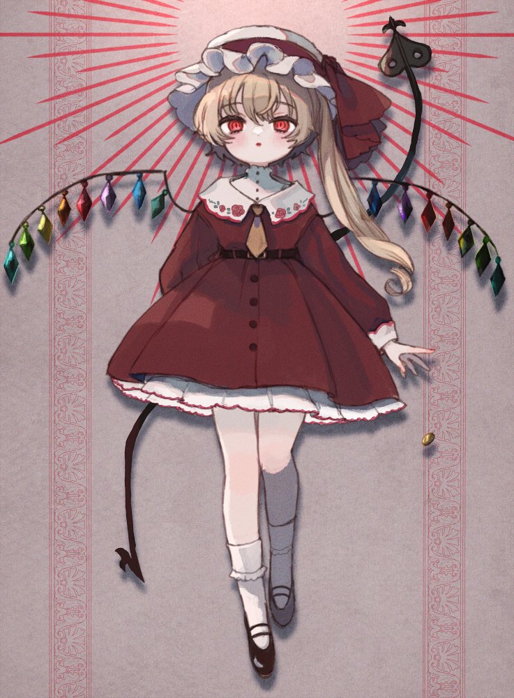 1girl :o bangs black_footwear blonde_hair blush collared_dress commentary crystal dress flandre_scarlet full_body hat hat_ribbon laevatein_(touhou) long_hair long_sleeves looking_at_viewer mary_janes mob_cap necktie one_side_up open_mouth red_dress red_eyes red_ribbon ribbon shoes socks solo symbol-only_commentary touhou white_headwear white_socks wings yellow_necktie yujup