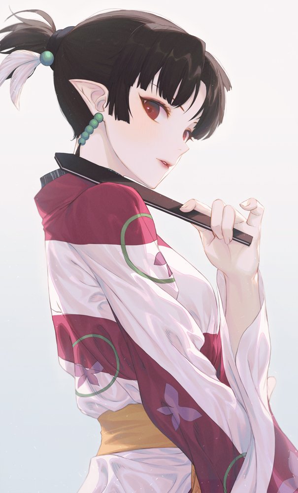 1girl animal_print bangs beads black_hair breasts butterfly_print demon_girl earrings feather_hair_ornament feathers gradient gradient_background hair_beads hair_ornament hair_tie hand_fan hiera12 high_ponytail holding holding_fan inuyasha japanese_clothes jewelry kagura_(inuyasha) kimono long_sleeves looking_at_viewer medium_breasts paper_fan parted_bangs parted_lips pointy_ears red_eyes short_ponytail solo striped striped_kimono upper_body wide_sleeves