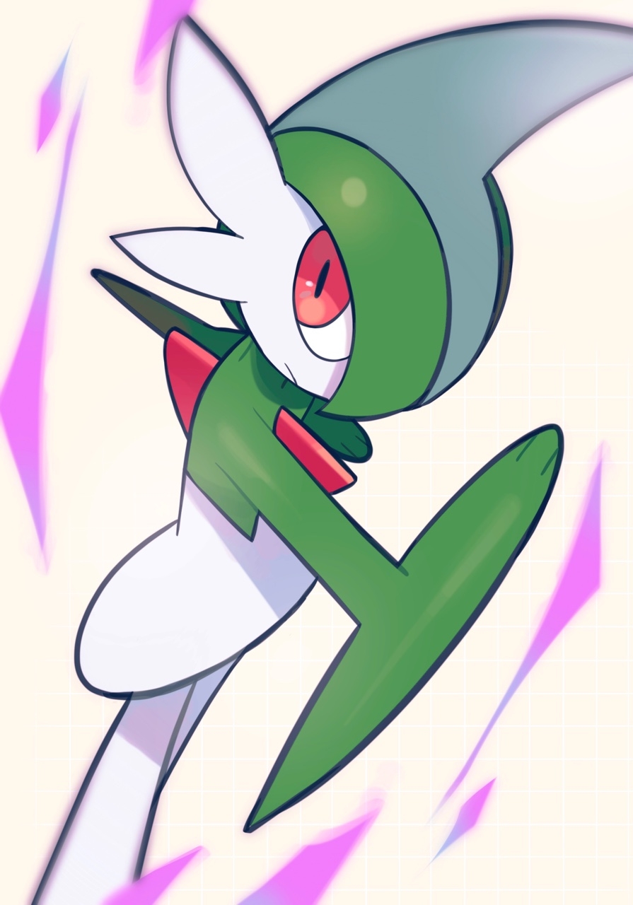 bangs blurry chirosamu closed_mouth colored_skin commentary energy gallade green_hair highres looking_back pokemon pokemon_(creature) red_eyes solo standing symbol-only_commentary white_skin