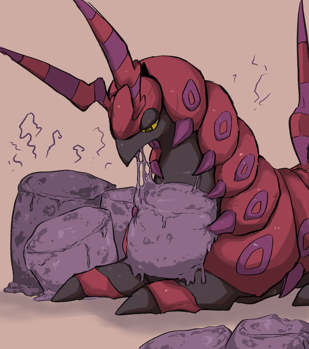 bug centipede commentary_request eating food from_side holding holding_food horns looking_down lying marshmallow no_humans oimo_kenpi on_stomach poison pokemon pokemon_(creature) scolipede solo