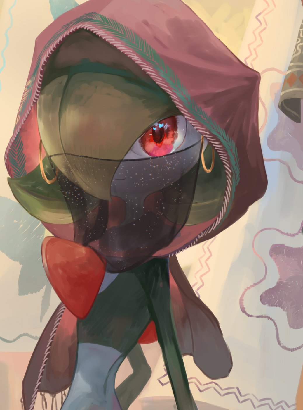 bangs capelet closed_mouth colored_skin commentary_request earrings flipped_hair gardevoir green_hair grey_skin highres hood hood_up hooded_capelet jewelry kikuyoshi_(tracco) mouth_veil pokemon pokemon_(creature) purple_capelet red_eyes smile solo upper_body veil