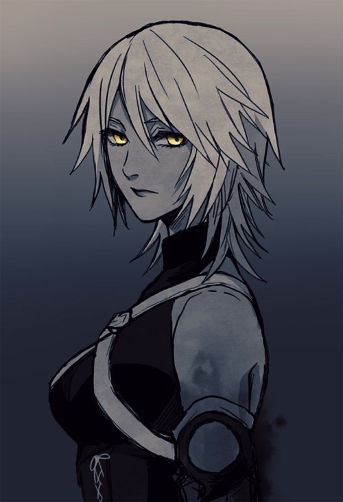 1girl anti-aqua aqua_(kingdom_hearts) bare_shoulders breasts chest_strap closed_mouth detached_sleeves gradient gradient_background hair_between_eyes halterneck kingdom_hearts kingdom_hearts_iii looking_at_viewer medium_breasts medium_hair owlforkh solo spot_color turtleneck upper_body yellow_eyes