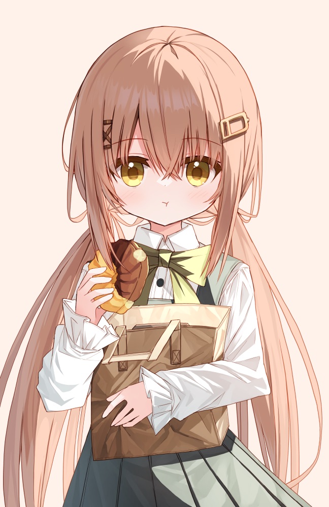 1girl :t bag bangs bow brown_background brown_hair closed_mouth collared_shirt commentary_request doughnut dress dress_shirt eating food green_bow green_dress hair_between_eyes hair_ornament hairclip holding holding_food long_hair long_sleeves low_twintails object_hug original pleated_dress puffy_long_sleeves puffy_sleeves shirt simple_background sleeveless sleeveless_dress sleeves_past_wrists solo squirrel_girl_(yuuhagi_(amaretto-no-natsu)) twintails very_long_hair white_shirt x_hair_ornament yellow_eyes yuuhagi_(amaretto-no-natsu)