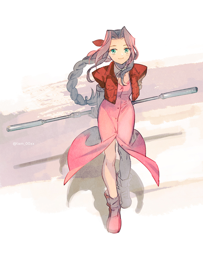 1girl aerith_gainsborough arms_behind_back bangs boots braid braided_ponytail breasts brown_footwear brown_hair buttons center_opening choker cropped_jacket dress final_fantasy final_fantasy_vii from_above full_body green_eyes hair_ribbon holding holding_staff jacket long_dress long_hair looking_at_viewer parted_bangs pink_dress puffy_short_sleeves puffy_sleeves red_jacket red_ribbon ribbon ribbon_choker short_sleeves sidelocks sketch smile solo staff taa_(acid) walking