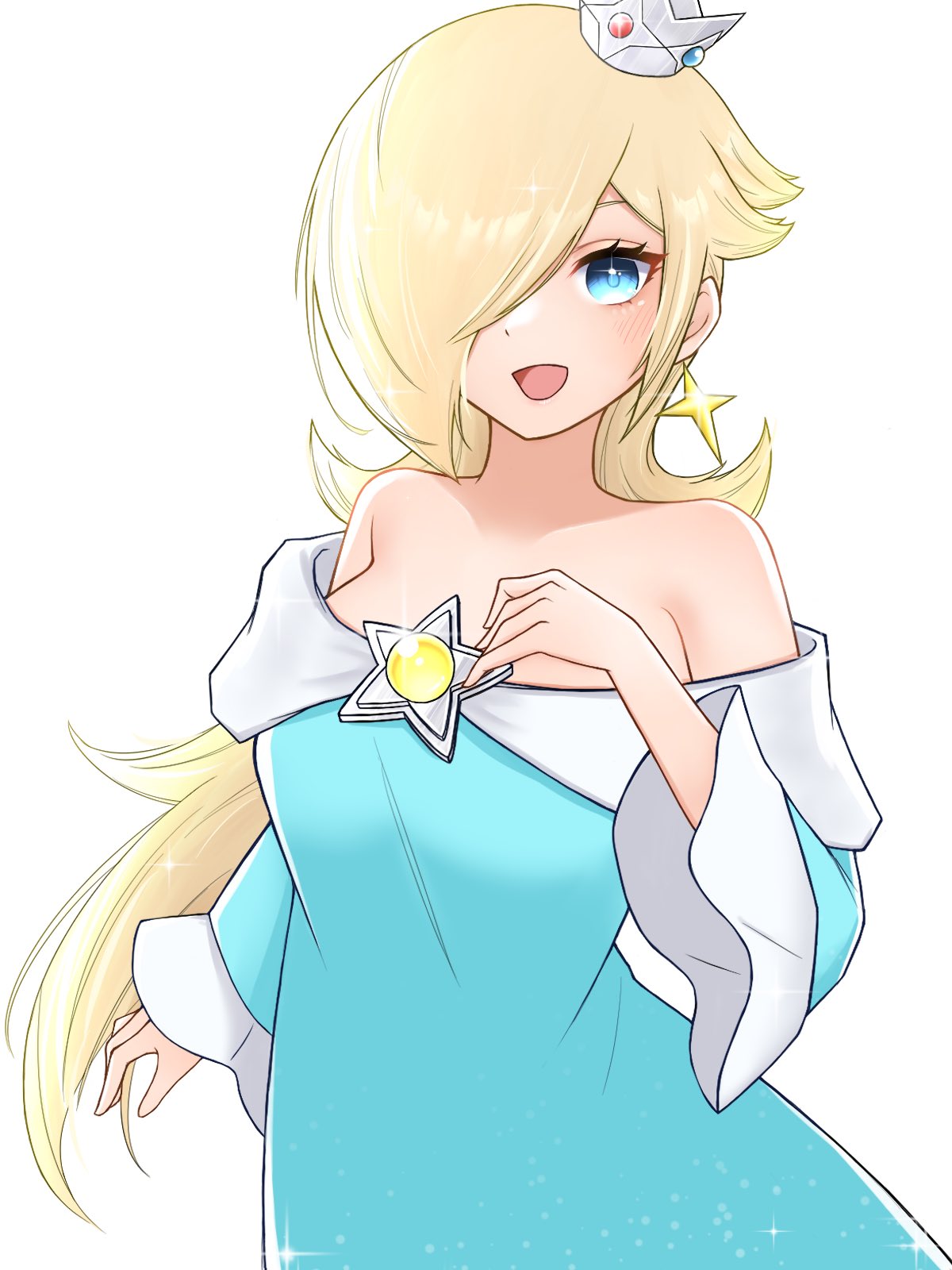 1girl :d aqua_dress bangs bare_shoulders blonde_hair blue_eyes blush collarbone commentary_request crown dress earrings eyelashes frilled_sleeves frills hair_over_one_eye hand_on_own_chest hand_up highres jewelry long_hair long_sleeves looking_at_viewer off-shoulder_dress off_shoulder one_eye_covered open_mouth parted_bangs rosalina shiny shiny_hair sidelocks simple_background single_earring smile solo standing star_(symbol) star_earrings super_mario_bros. super_mario_galaxy swept_bangs tomatomiya very_long_hair white_background wide_sleeves