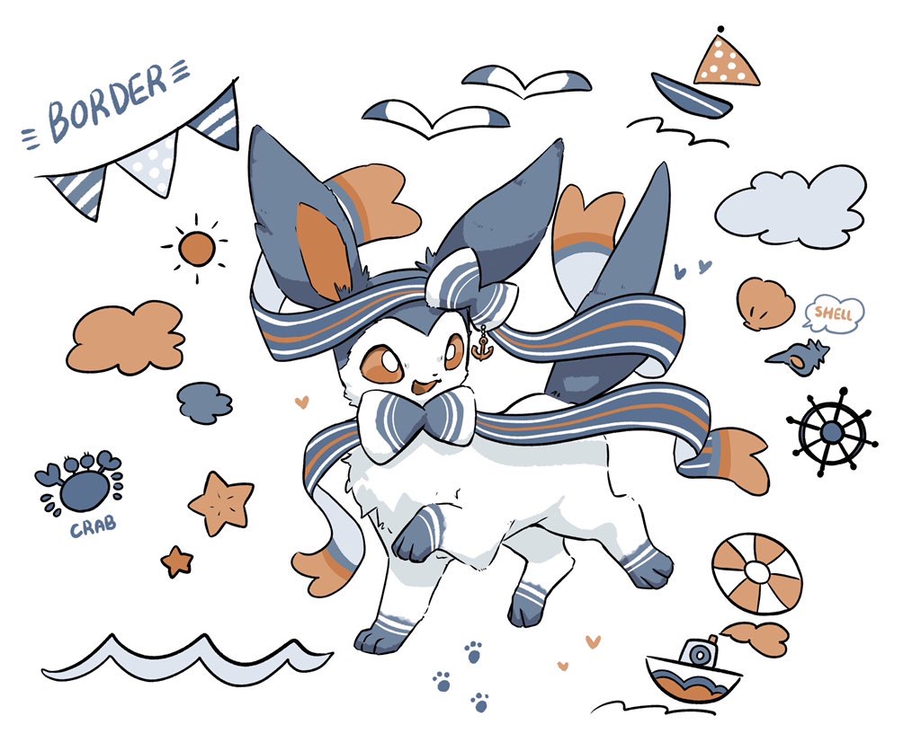 :d alternate_color anchor_ornament boat bright_pupils commentary_request heart legs_up lifebuoy looking_to_the_side oimo_kenpi open_mouth orange_eyes paw_print pokemon seashell shell smile smoke starfish sun sylveon watercraft white_pupils