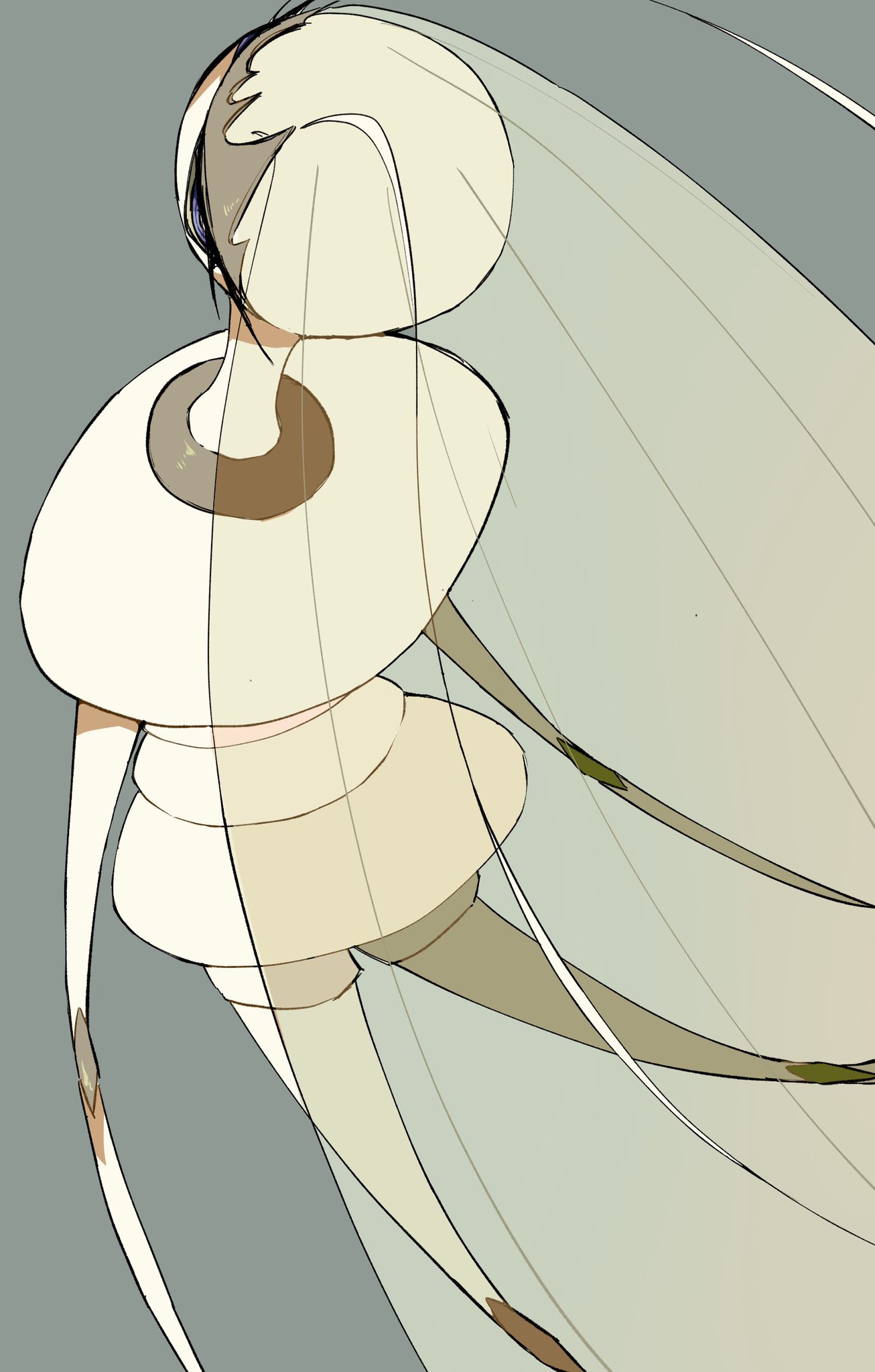 commentary_request eyelashes from_behind grey_background grey_eyes highres legs_apart looking_back oimo_kenpi pheromosa pokemon pokemon_(creature) simple_background solo translucent_hair