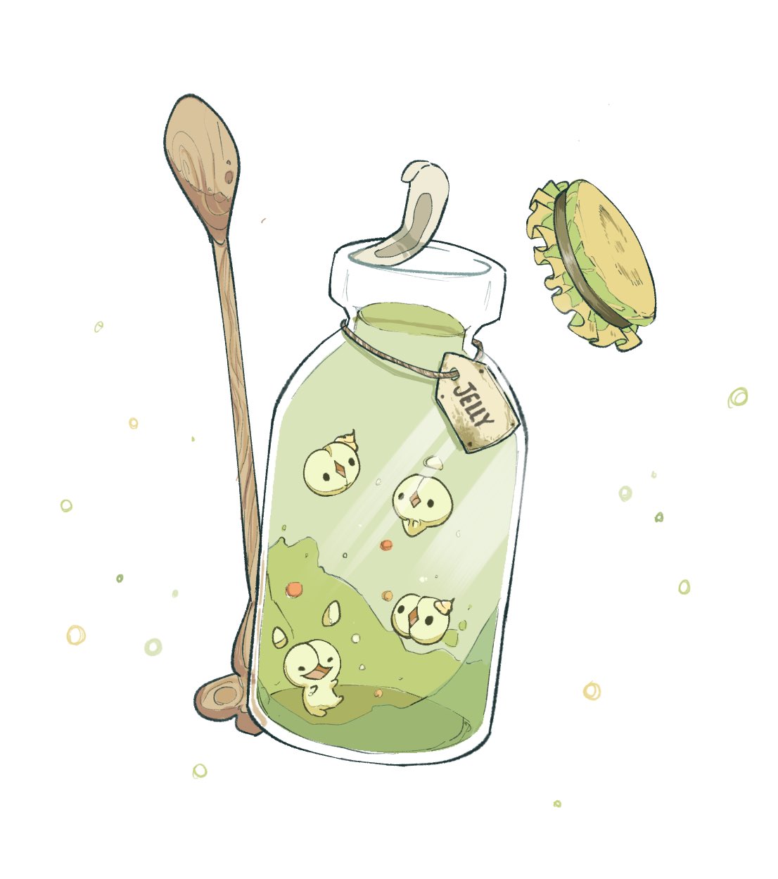 commentary_request duosion evolutionary_line highres jar jelly label lid no_humans oimo_kenpi pokemon pokemon_(creature) reuniclus solosis spoon string white_background wooden_spoon