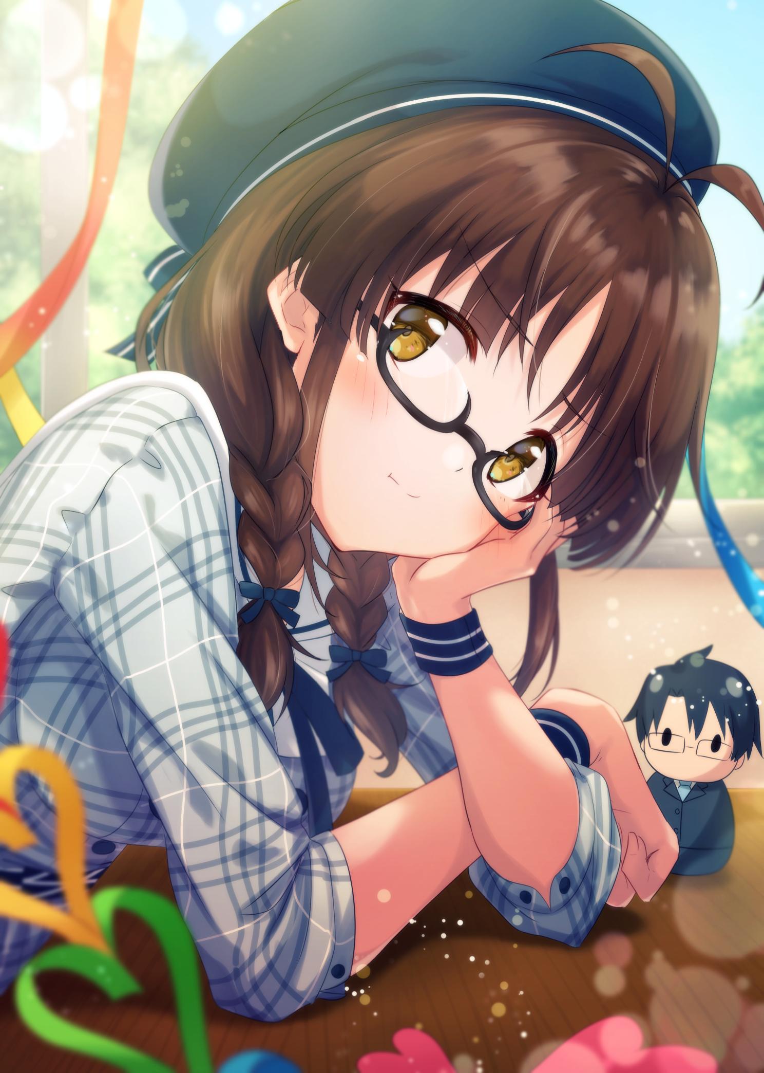 1girl akizuki_ritsuko antenna_hair ayumi_(as0206) beret blue_ribbon blue_shirt blurry blurry_background blush braid brown_eyes brown_hair doll glasses hair_ribbon hat head_rest highres idolmaster idolmaster_(classic) looking_at_viewer plaid plaid_shirt producer_(idolmaster) producer_(idolmaster_anime) ribbon semi-rimless_eyewear shirt table tree twin_braids window