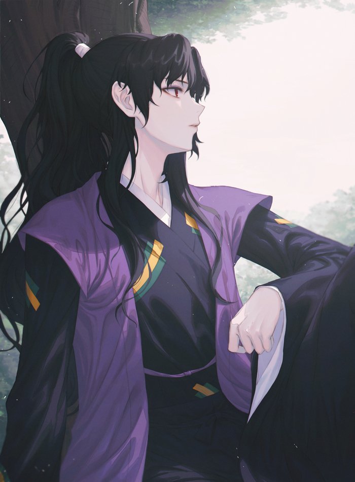 1boy bangs black_hair black_hakama black_kimono hair_over_shoulder hakama hiera12 high_ponytail inuyasha japanese_clothes kimono leaning long_hair long_sleeves looking_to_the_side male_focus naraku_(inuyasha) outdoors parted_bangs parted_lips ponytail purple_vest red_eyes sitting solo tree upper_body vest wavy_hair wide_sleeves