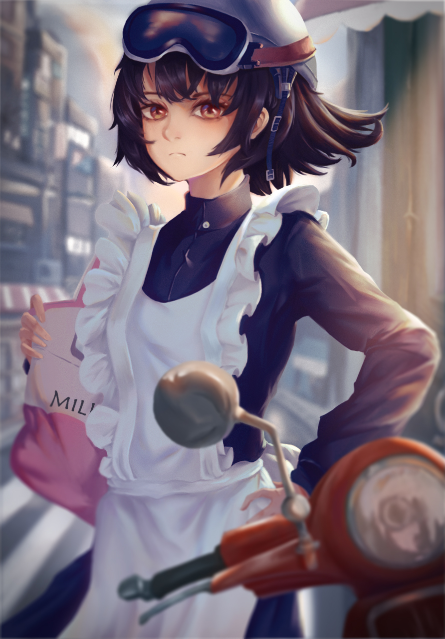 1girl 569771181 apron black_hair brown_hair city closed_mouth frown goggles goggles_on_head goggles_on_headwear ground_vehicle hand_on_hip helmet highres motor_vehicle motorcycle_helmet nonaka_haru scooter vespa yesterday_wo_utatte