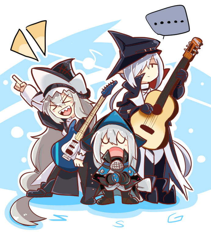 &gt;_&lt; 3girls arknights bangs black_dress black_gloves black_headwear blank_speech_bubble blush chibi closed_mouth dress full_body gladiia_(arknights) gloves grey_hair guitar hair_between_eyes hair_over_one_eye hat holding holding_instrument holding_microphone instrument long_hair long_sleeves looking_at_viewer microphone multiple_girls music omo_(h98013114) open_mouth pointing pointing_up sharp_teeth singing skadi_(arknights) smile specter_(arknights) speech_bubble standing teeth upper_teeth very_long_hair