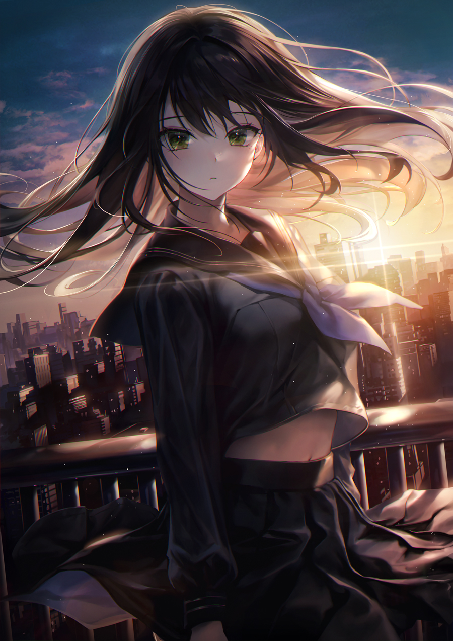 1girl arms_at_sides bangs black_hair black_sailor_collar black_serafuku black_shirt black_skirt blue_sky breasts building cityscape closed_mouth clothes_lift clouds commentary crop_top dutch_angle evening floating_hair frown green_eyes highres light_particles long_hair long_sleeves looking_at_viewer medium_breasts midriff mole mole_under_eye myoushun navel neckerchief orange_sky original pleated_skirt purple_neckerchief railing sailor_collar school_uniform serafuku shirt shirt_lift sidelocks skirt skirt_lift sky skyscraper solo stomach sunset symbol-only_commentary wind wind_lift