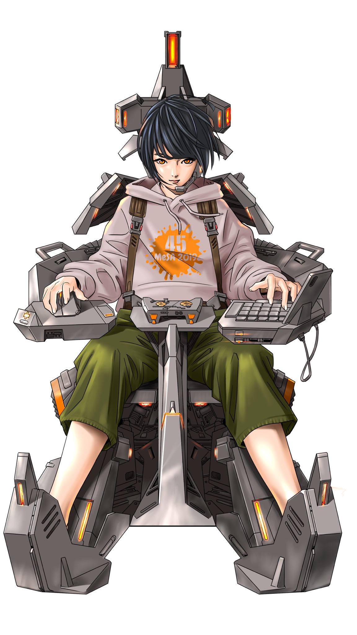 1girl black_hair cable cockpit controller drawstring game_controller green_shorts grey_hoodie headset highres hood hoodie keyboard_(computer) looking_at_viewer mouse_(computer) orange_eyes original science_fiction short_hair shorts sitting solo straight-on toweling3 white_background