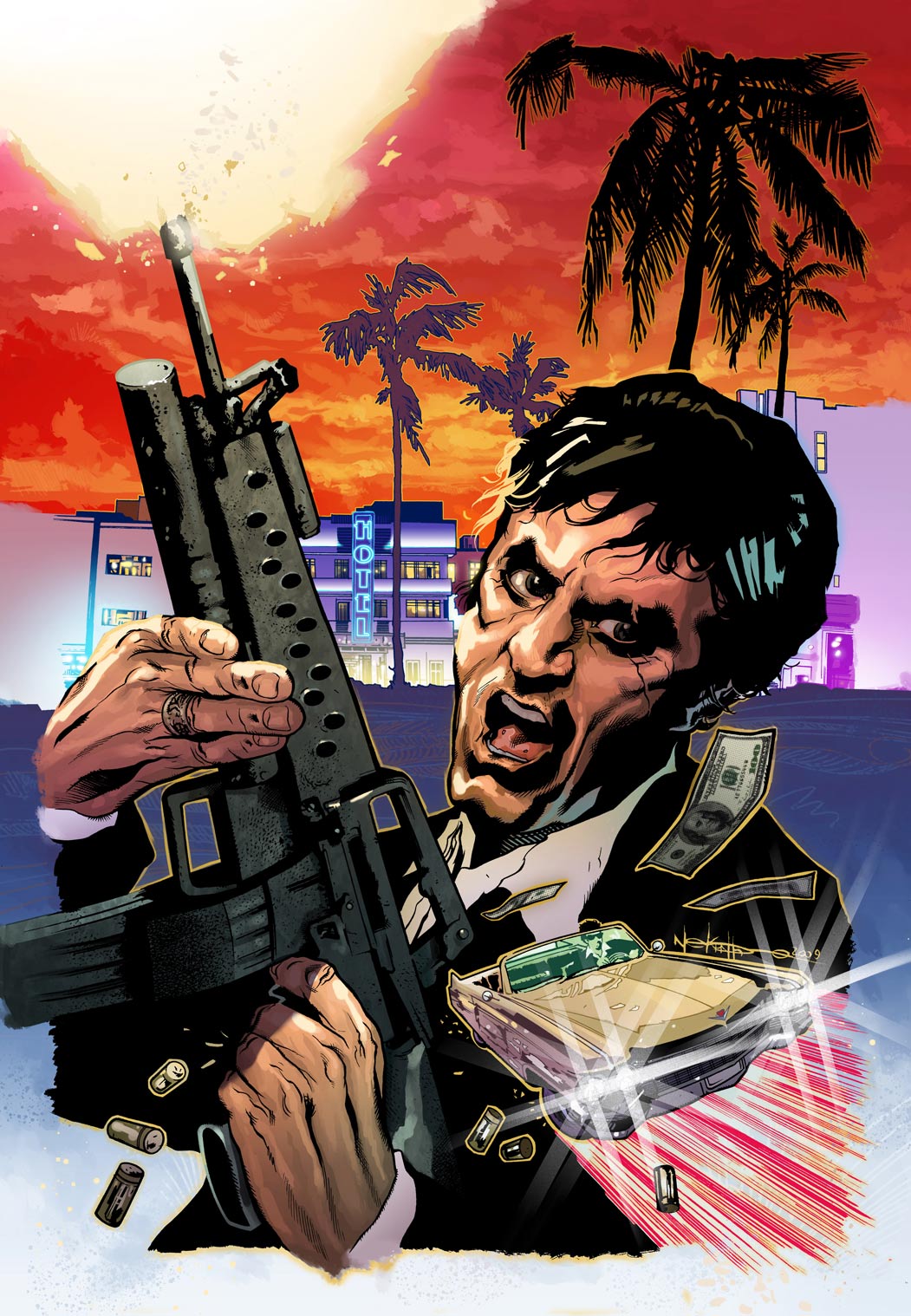1boy assault_rifle bangs black_eyes black_hair black_jacket black_suit building car convertible dollar_bill driving english_commentary firing formal gangster glaring gradient_sky grenade_launcher ground_vehicle gun headlight highres holding holding_gun holding_weapon hotel jacket jewelry jungle_style long_sleeves looking_at_viewer m16 m203 male_focus money motion_lines motor_vehicle muzzle_flash nelsoncosentino open_collar open_mouth orange_sky palm_tree realistic red_sky rifle ring scarface shell_casing shirt short_hair signature sky suit suit_jacket sunset tony_montana tree underbarrel_grenade_launcher weapon white_shirt