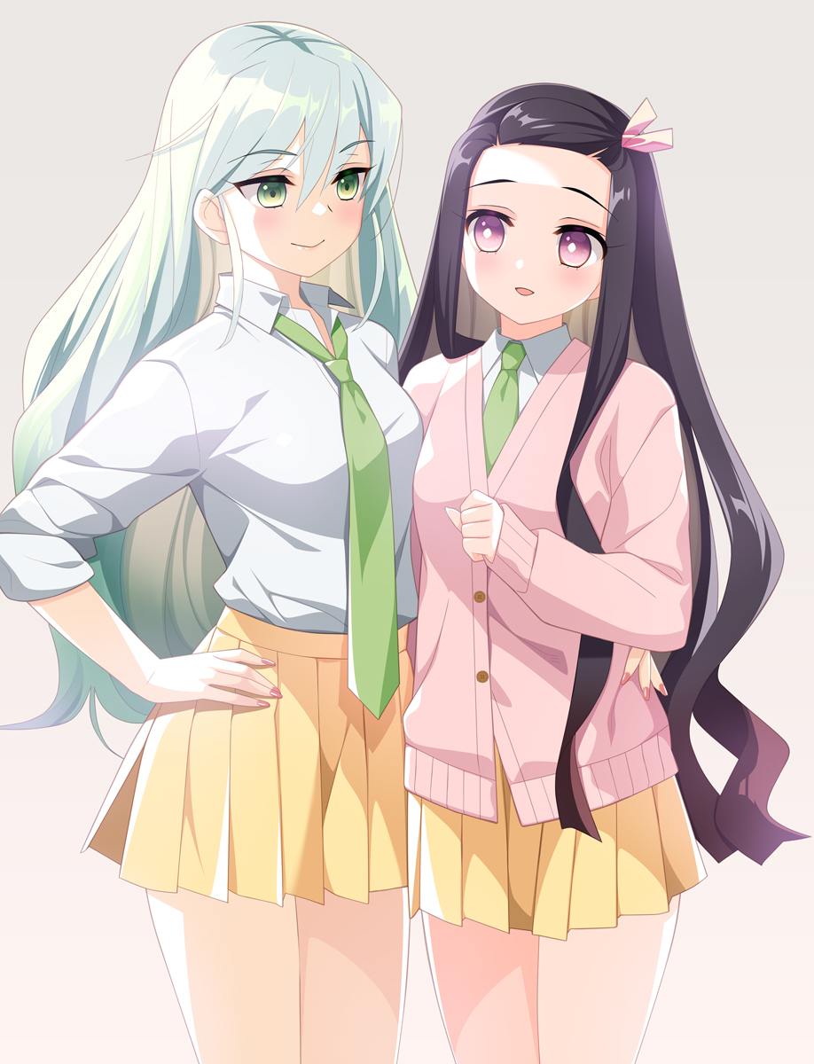 2girls black_hair daki_(kimetsu_no_yaiba) green_eyes green_necktie hair_ribbon highres jacket kamado_nezuko kanekiyo_miwa kimetsu_gakuen kimetsu_no_yaiba long_hair long_sleeves multicolored_hair multiple_girls necktie open_mouth pink_eyes pink_jacket ribbon shirt skirt smile uniform white_hair white_shirt yellow_skirt