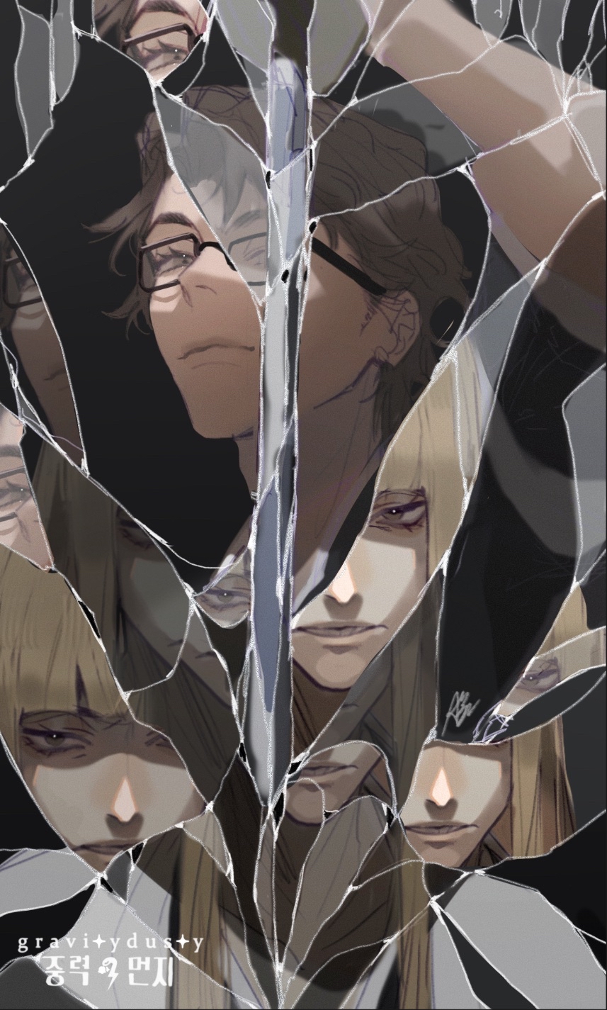 2boys aizen_sousuke artist_name bangs bleach blonde_hair blunt_bangs broken_glass brown_hair english_text glass glasses gravitydusty highres hirako_shinji holding holding_sword holding_weapon korean_text long_hair looking_at_viewer multiple_boys open_mouth short_hair signature sword teeth weapon wide_sleeves