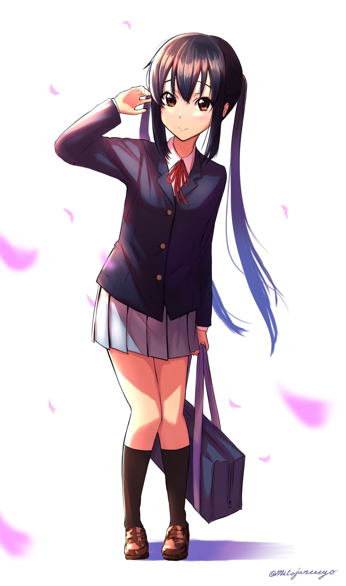 1girl artist_name bag bangs black_hair black_socks blazer blue_jacket brown_eyes brown_footwear closed_mouth collared_shirt full_body grey_skirt highres holding holding_bag jacket k-on! loafers long_hair long_sleeves looking_at_viewer mitojyaneeeeyo nakano_azusa neck_ribbon pleated_skirt red_ribbon ribbon sakuragaoka_high_school_uniform school_bag school_uniform shirt shoes sidelocks skirt smile socks solo standing twintails twitter_username watermark white_shirt