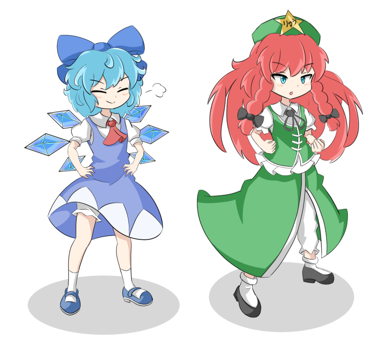 2girls blue_dress blue_eyes blue_hair braid china_dress chinese_clothes cirno dress green_dress green_headwear hat_ornament hong_meiling kakineko long_hair multiple_girls pants short_hair star_(symbol) star_hat_ornament tangzhuang touhou twin_braids white_pants