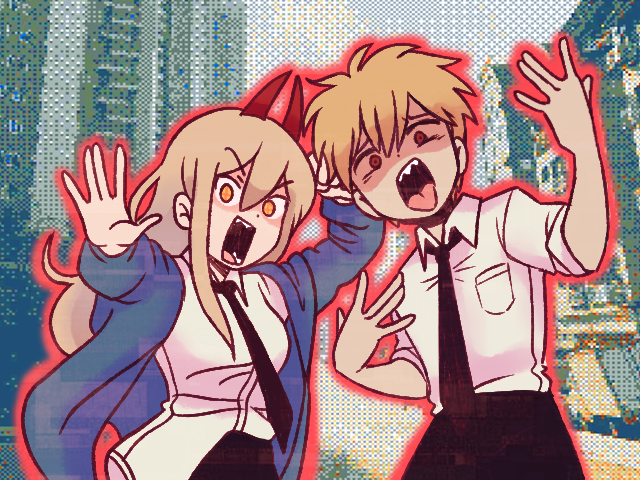 1boy 1girl black_necktie blonde_hair blue_jacket chainsaw_man city collared_shirt denji_(chainsaw_man) horns jacket long_hair necktie omori open_mouth orange_eyes osulan outline outstretched_arm parody pixelated power_(chainsaw_man) red_horns red_outline redhead sharp_teeth shirt shirt_half_tucked_in short_hair spiky_hair style_parody teeth tongue tongue_out white_shirt