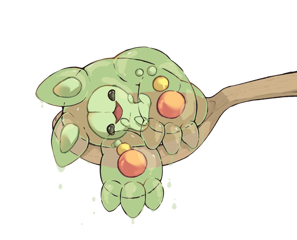 :d dripping full_body grey_eyes hands_up looking_at_viewer lying oimo_kenpi on_side open_mouth pokemon reuniclus simple_background smile spoon white_background wooden_spoon