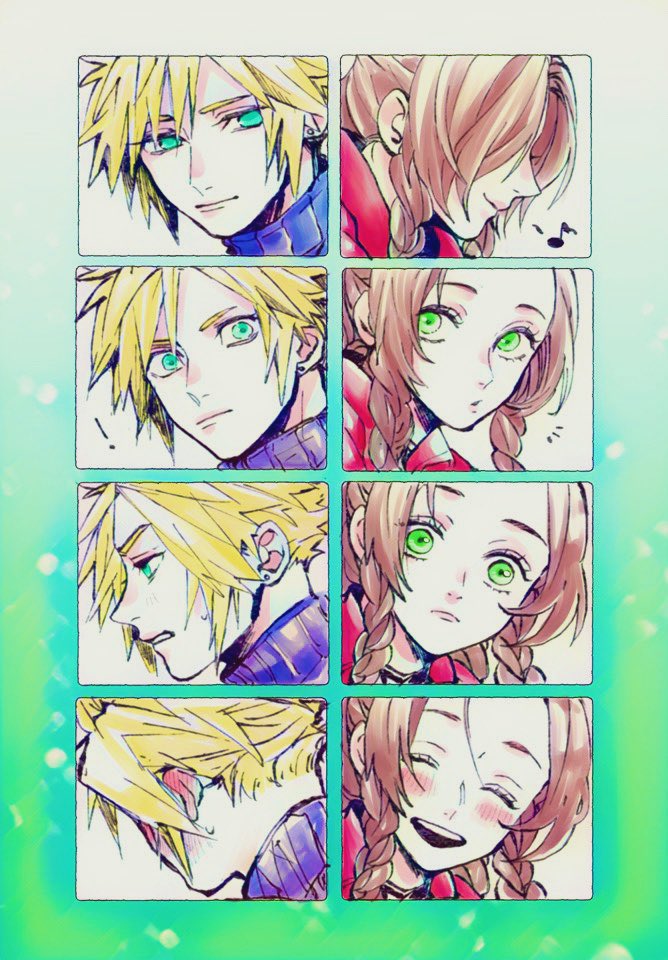 ! 1boy 1girl aerith_gainsborough aqua_eyes ashinamaturi bangs blonde_hair blue_shirt blush border brown_hair choker clenched_teeth close-up closed_eyes cloud_strife earrings final_fantasy final_fantasy_vii final_fantasy_vii_remake green_background green_eyes hair_between_eyes hair_pulled_back hair_ribbon jacket jewelry laughing long_hair looking_at_another looking_away musical_note open_mouth parted_bangs profile red_jacket ribbon ribbon_choker sequential shirt short_hair sidelocks single_earring smile spiky_hair sweatdrop teeth turtleneck upper_teeth wide-eyed