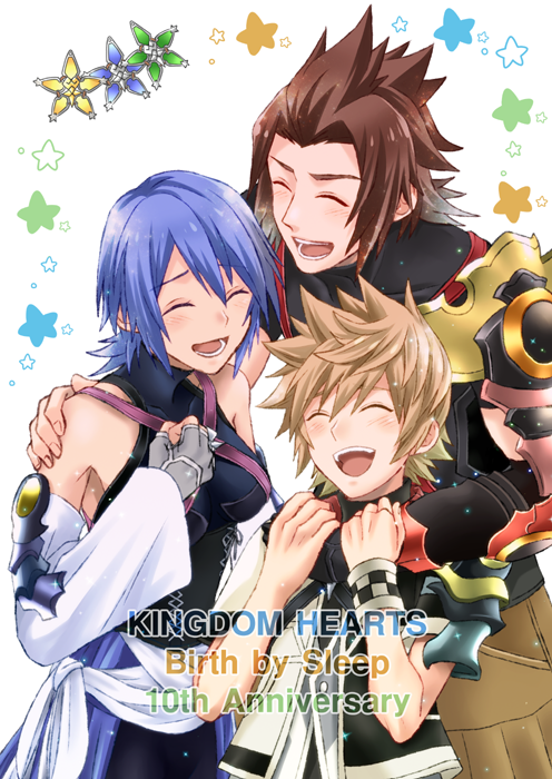 1girl 2boys aqua_(kingdom_hearts) arm_around_neck arm_around_shoulder armor bangs bare_shoulders black_gloves black_shirt blush breasts brown_pants checkered_wristband chest_strap closed_eyes detached_sleeves fingerless_gloves gloves grey_gloves group_hug hair_between_eyes hair_slicked_back halterneck hand_on_another's_shoulder hand_on_own_chest hug jacket kingdom_hearts kingdom_hearts_birth_by_sleep laughing lower_teeth medium_breasts medium_hair multiple_boys open_mouth pants paopu_fruit parted_bangs saklo shirt short_hair short_sleeves shoulder_armor sleeveless sleeveless_shirt smile spiky_hair teeth terra_(kingdom_hearts) turtleneck upper_body upper_teeth ventus_(kingdom_hearts) waist_sash white_background white_jacket white_sleeves wide_sleeves wristband