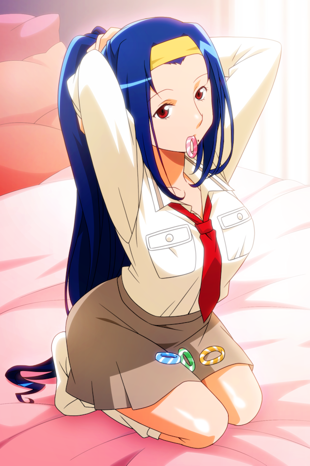 1girl adjusting_hair arms_up asahina_natsuki blue_hair breast_pocket brown_skirt collared_shirt full_body hairband indoors long_hair long_sleeves loose_necktie miniskirt mole mole_under_mouth mouth_hold necktie non-web_source official_art on_bed photoshop_(medium) pocket red_eyes red_necktie seiza shirt shirt_tucked_in sitting sitting_on_lap sitting_on_person skirt solo super_real_mahjong tanaka_ryou very_long_hair