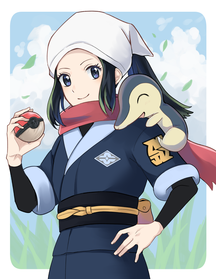 1girl akari_(pokemon) black_hair black_sash black_shirt blue_eyes closed_mouth clouds commentary_request cyndaquil day eri_(rcn_natural13) eyelashes falling_leaves floating_scarf hand_on_hip hand_up head_scarf holding holding_poke_ball jacket leaf logo looking_at_viewer on_shoulder outdoors poke_ball poke_ball_(legends) pokemon pokemon_(creature) pokemon_(game) pokemon_legends:_arceus pokemon_on_shoulder ponytail sash scarf shirt sidelocks skirt sky smile white_headwear