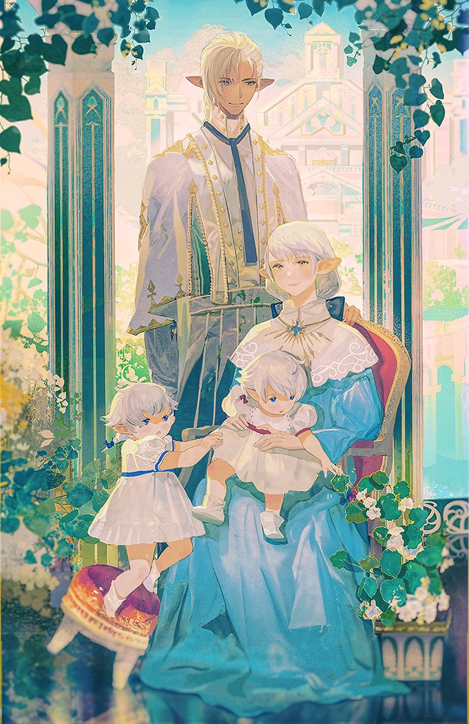 2boys 2girls :o aged_down ahoge alisaie_leveilleur alphinaud_leveilleur ameliance_leveilleur bangs blue_dress blue_eyes blue_sky braid braided_ponytail brother_and_sister building capelet clouds collared_capelet column day dress elezen elf family final_fantasy final_fantasy_xiv flower fourchenault_leveilleur hair_ribbon high_collar leaf looking_at_viewer low_ponytail medium_hair multiple_boys multiple_girls on_chair open_mouth pillar plant pointy_ears puffy_short_sleeves puffy_sleeves reaching reflective_floor ribbon robe short_ponytail short_sleeves siblings single_braid sitting sitting_on_lap sitting_on_person sky smile standing stool swept_bangs toddler twins white_capelet white_dress white_flower white_footwear white_hair yellow_eyes zxin