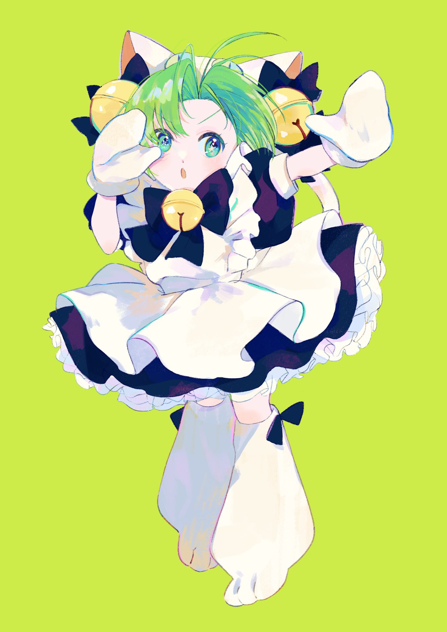 1girl animal_ears animal_hands animal_hat apron bell bow cat_ears cat_hat cat_tail dejiko di_gi_charat dress frilled_dress frills full_body gloves green_eyes green_hair hair_bell hair_ornament hat highres jamu_(yakinikuoi4) jingle_bell maid_apron open_mouth paw_gloves paw_shoes short_hair solo tail