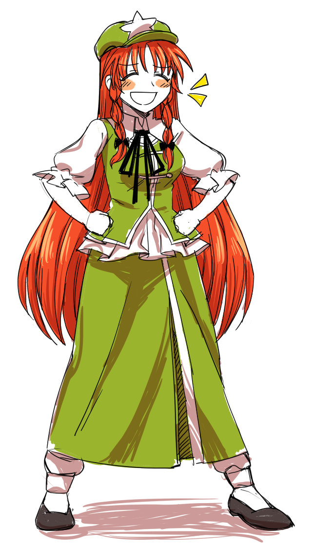 1girl beret braid caramelized_tomatoes china_dress chinese_clothes dress flats green_headwear hat hong_meiling laughing long_hair pants puffy_short_sleeves puffy_sleeves redhead short_sleeves standing touhou twin_braids white_pants