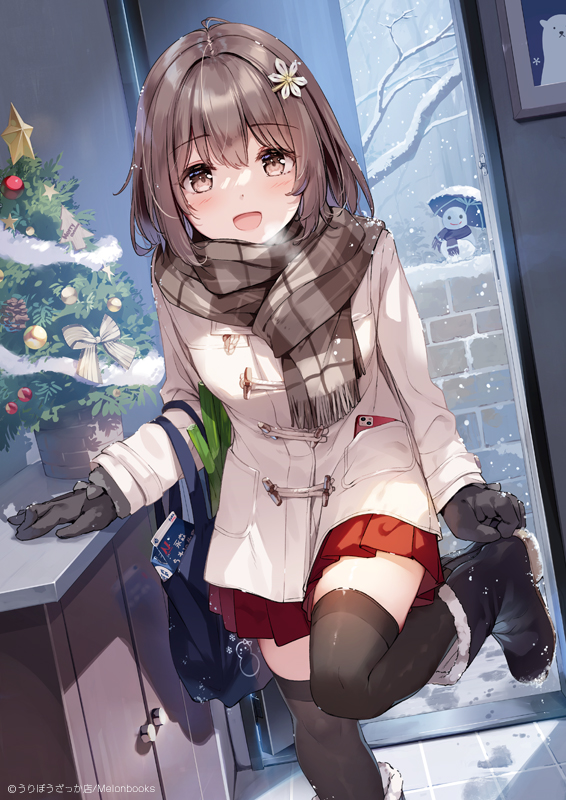 1girl :d bangs black_footwear black_gloves black_thighhighs boots brick_wall brown_coat brown_eyes brown_hair brown_scarf christmas christmas_ornaments christmas_tree coat commentary_request door doorway flower gloves hair_between_eyes hair_flower hair_ornament jacket long_hair miniskirt miyase_mahiro original plaid plaid_scarf pleated_skirt red_skirt removing_shoes scarf sidelocks skirt smile snowman solo thigh-highs umbrella watermark winter_clothes winter_coat