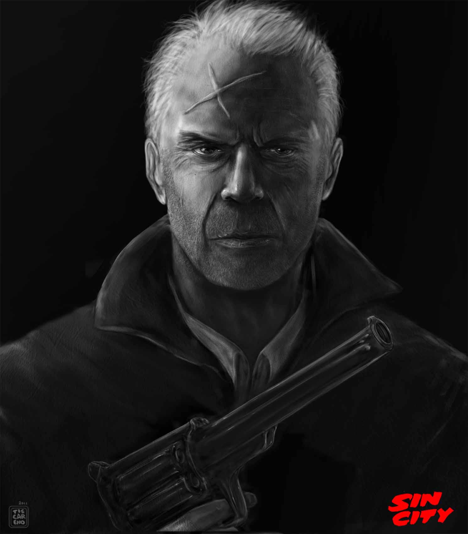 1boy black_background black_coat bruce_willis coat collared_shirt copyright_name cross_scar dark_background detective dress_shirt english_commentary english_text expressionless facial_hair finger_on_trigger grey_hair greyscale gun handgun high_collar highres holding holding_gun holding_weapon john_hartigan logo looking_at_viewer mature_male monochrome old partially_colored police portrait revolver scar scar_on_face scar_on_forehead shirt short_hair sin_city solo spot_color thesadpencil trench_coat upper_body watermark weapon wrinkled_skin x