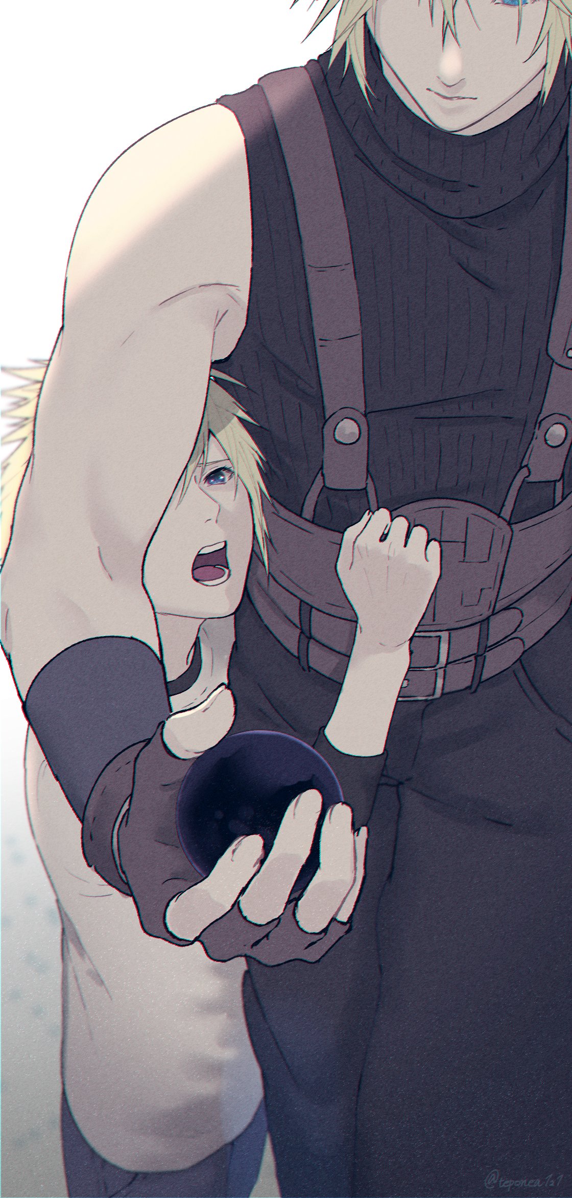 2boys aged_down baggy_pants belt black_shirt blonde_hair blue_eyes blue_shorts brown_belt brown_gloves clothes_tug cloud_strife cowboy_shot crying dual_persona final_fantasy final_fantasy_vii final_fantasy_vii_remake fingerless_gloves gloves hair_between_eyes highres holding lower_teeth male_child male_focus materia multiple_belts multiple_boys open_mouth pants rei_(teponea121) shirt shirt_under_shirt short_hair shorts single_bare_shoulder sleeveless sleeveless_turtleneck spiky_hair suspenders teeth toned toned_male turtleneck twitter_username upper_teeth white_background white_shirt