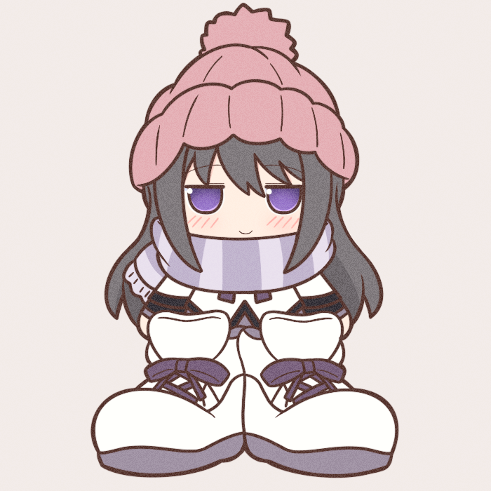1girl akemi_homura black_hair blush boots chibi closed_mouth long_hair looking_at_viewer mahou_shoujo_madoka_magica oversized_clothes purple_scarf scarf smile solo striped striped_scarf violet_eyes white_footwear yuno385