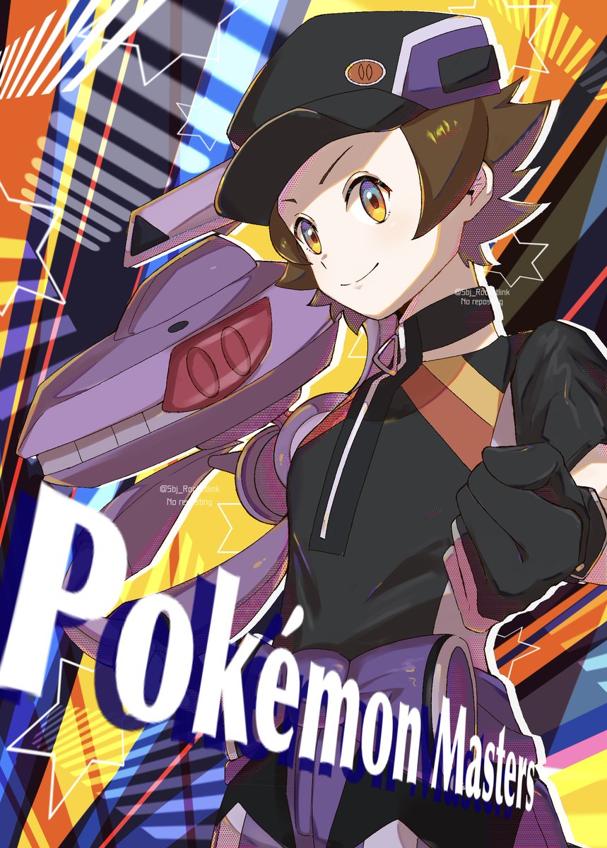 1boy black_gloves black_headwear black_shirt brown_hair clenched_hand closed_mouth commentary_request copyright_name genesect gloves hat highres hilbert_(pokemon) hilbert_(sygna_suit)_(pokemon) male_focus official_alternate_costume pants pokemon pokemon_(creature) pokemon_(game) pokemon_masters_ex purple_pants shirt short_hair smile split_mouth twitter_username watermark yomogi_dango_(sbj_rocketlink) zipper_pull_tab