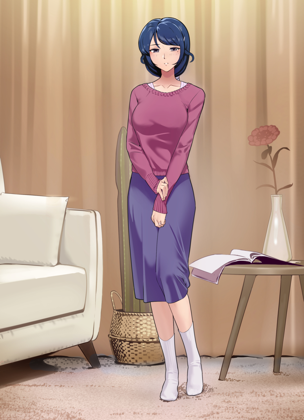 1girl bangs blush book breasts couch flower highres indoors large_breasts looking_at_viewer mole mole_under_eye no_shoes open_book original own_hands_together pillow pink_sweater purple_skirt shiny shiny_hair short_hair skirt sleeves_past_wrists socks solo standing sweater white_socks yewang19